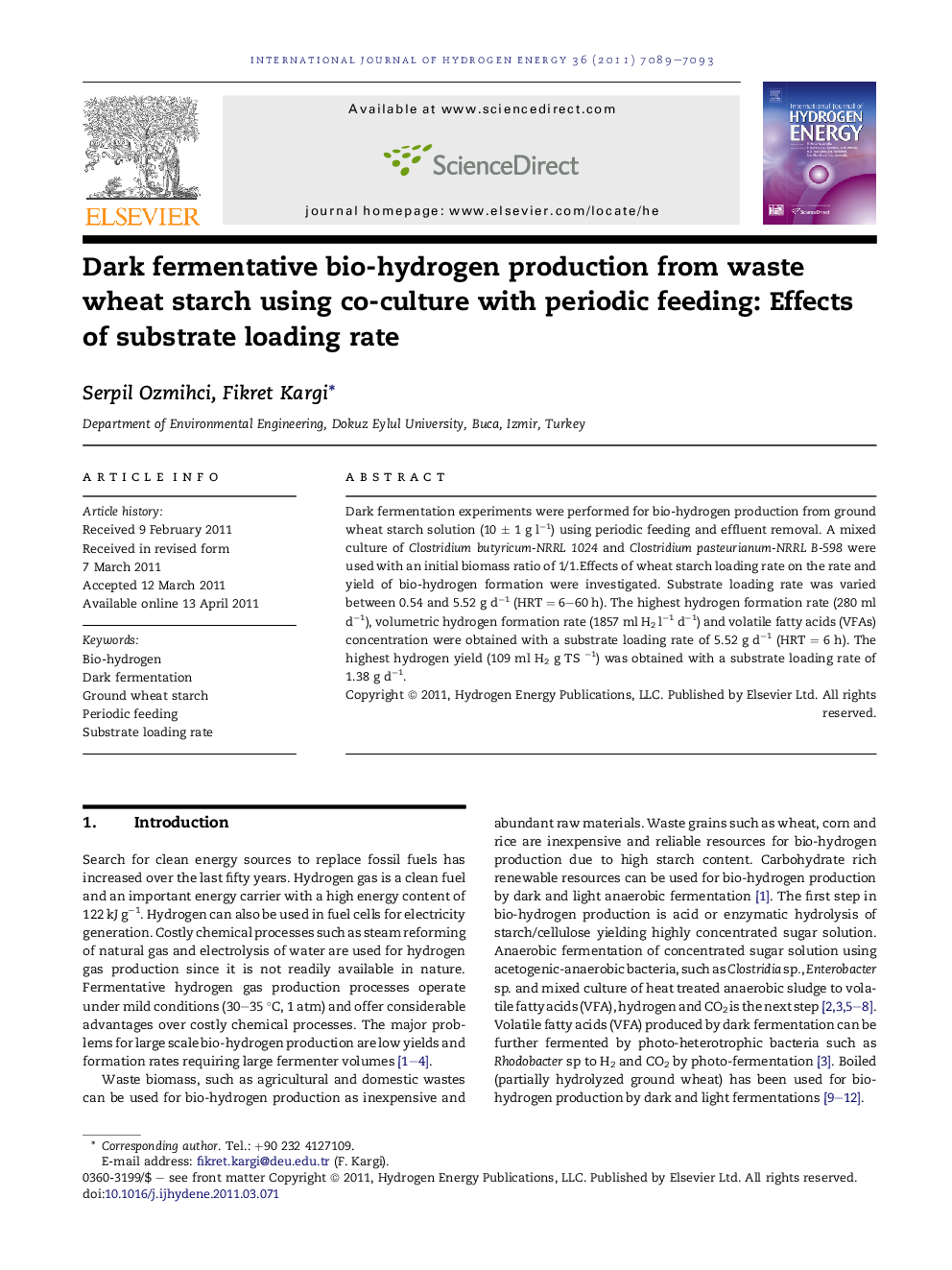 Dark fermentative bio-hydrogen production from waste wheat starch using co-culture with periodic feeding: Effects of substrate loading rate