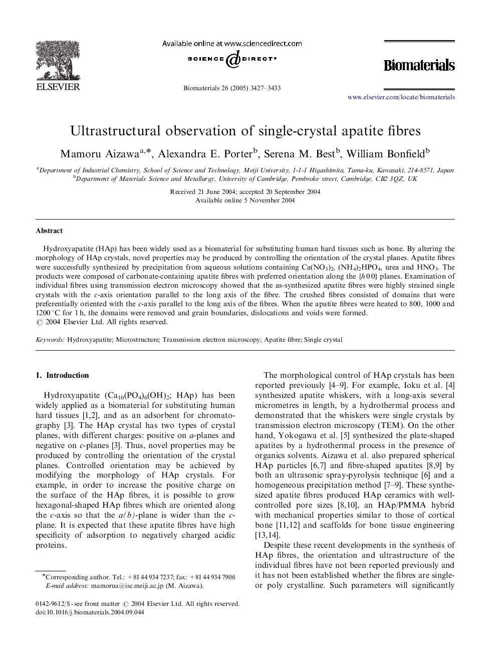 Ultrastructural observation of single-crystal apatite fibres