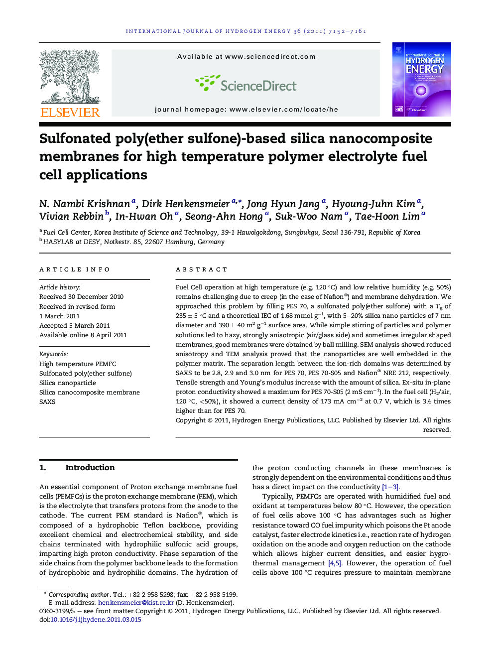 Sulfonated poly(ether sulfone)-based silica nanocomposite membranes for high temperature polymer electrolyte fuel cell applications