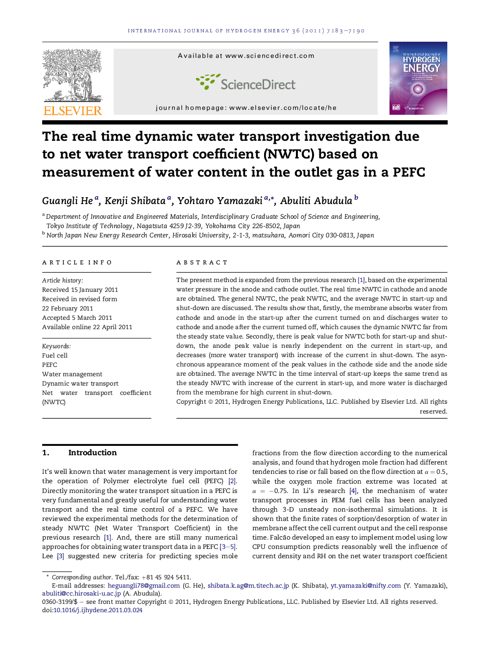 The real time dynamic water transport investigation due to net water transport coefficient (NWTC) based on measurement of water content in the outlet gas in a PEFC