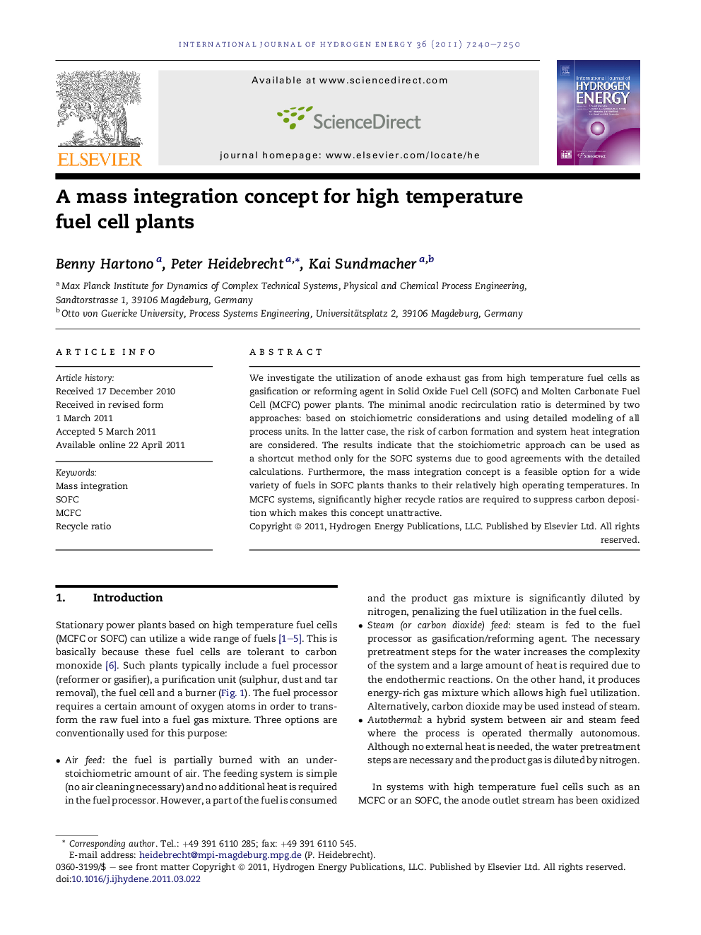 A mass integration concept for high temperature fuel cell plants