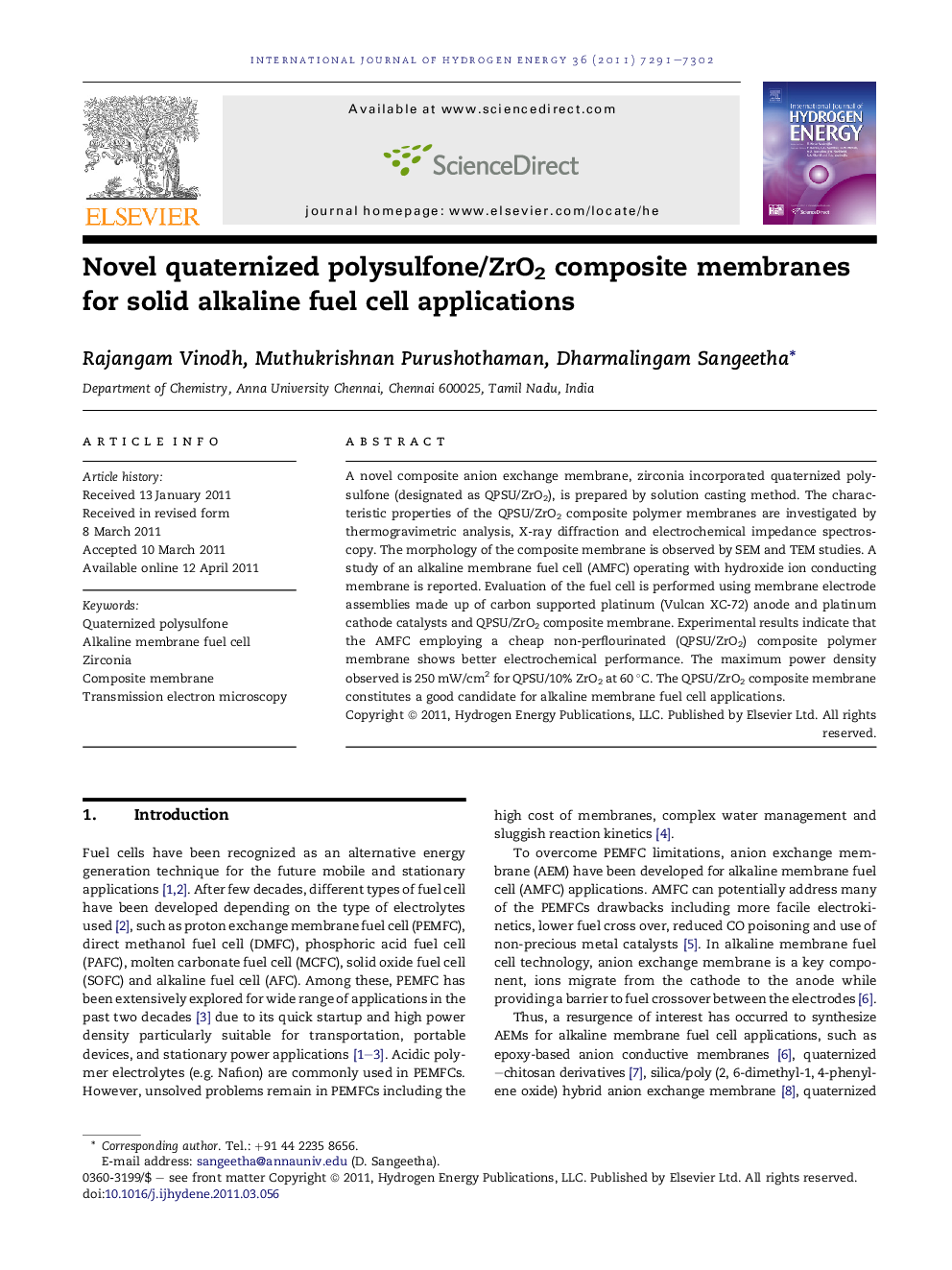 Novel quaternized polysulfone/ZrO2 composite membranes for solid alkaline fuel cell applications