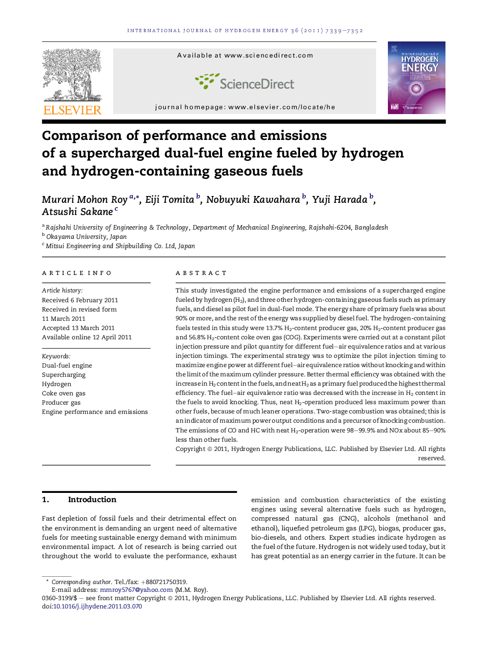 Comparison of performance and emissions of a supercharged dual-fuel engine fueled by hydrogen and hydrogen-containing gaseous fuels