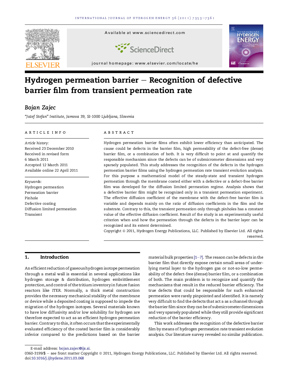 Hydrogen permeation barrier – Recognition of defective barrier film from transient permeation rate