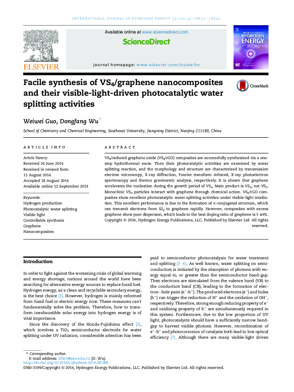 Facile synthesis of VS4/graphene nanocomposites and their visible-light-driven photocatalytic water splitting activities