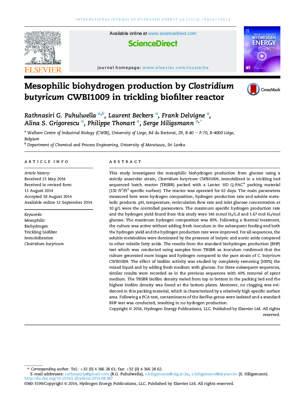 Mesophilic biohydrogen production by Clostridium butyricum CWBI1009 in trickling biofilter reactor