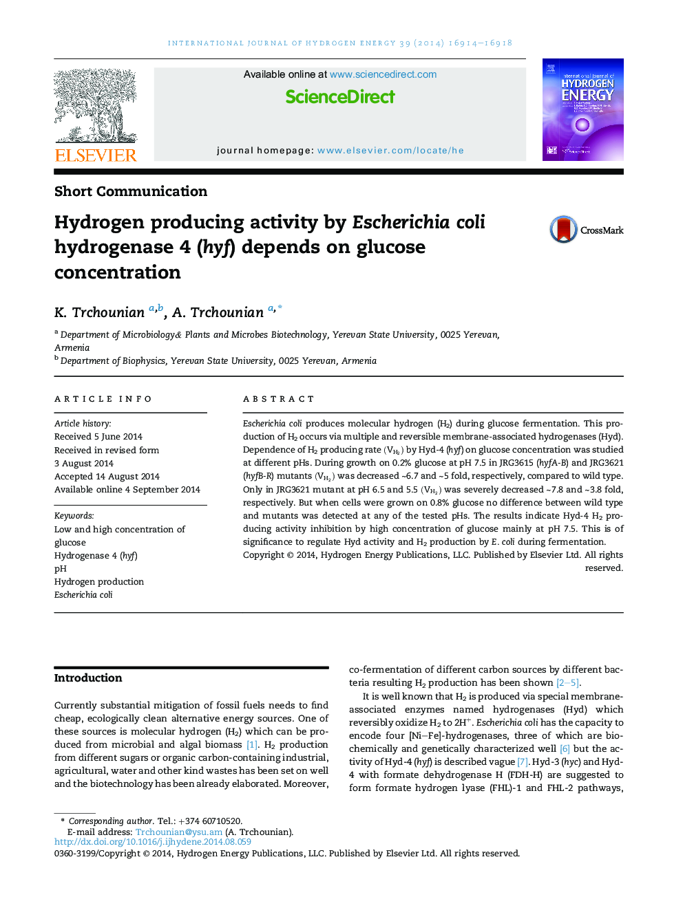 Hydrogen producing activity by Escherichia coli hydrogenase 4 (hyf) depends on glucose concentration