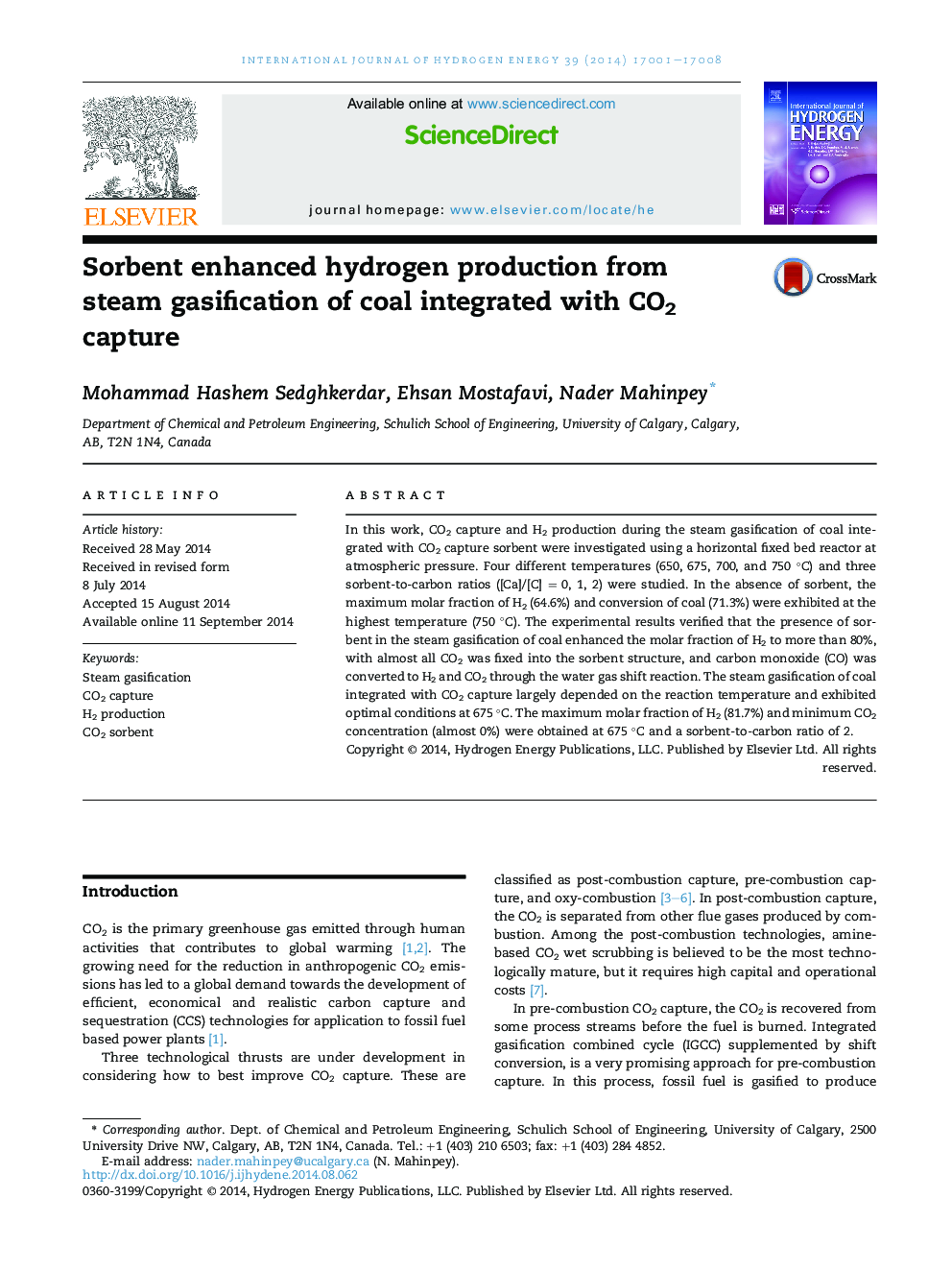 Sorbent enhanced hydrogen production from steam gasification of coal integrated with CO2 capture