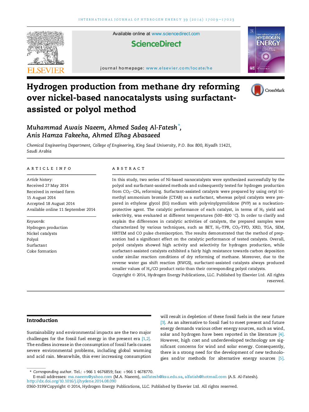 Hydrogen production from methane dry reforming over nickel-based nanocatalysts using surfactant-assisted or polyol method