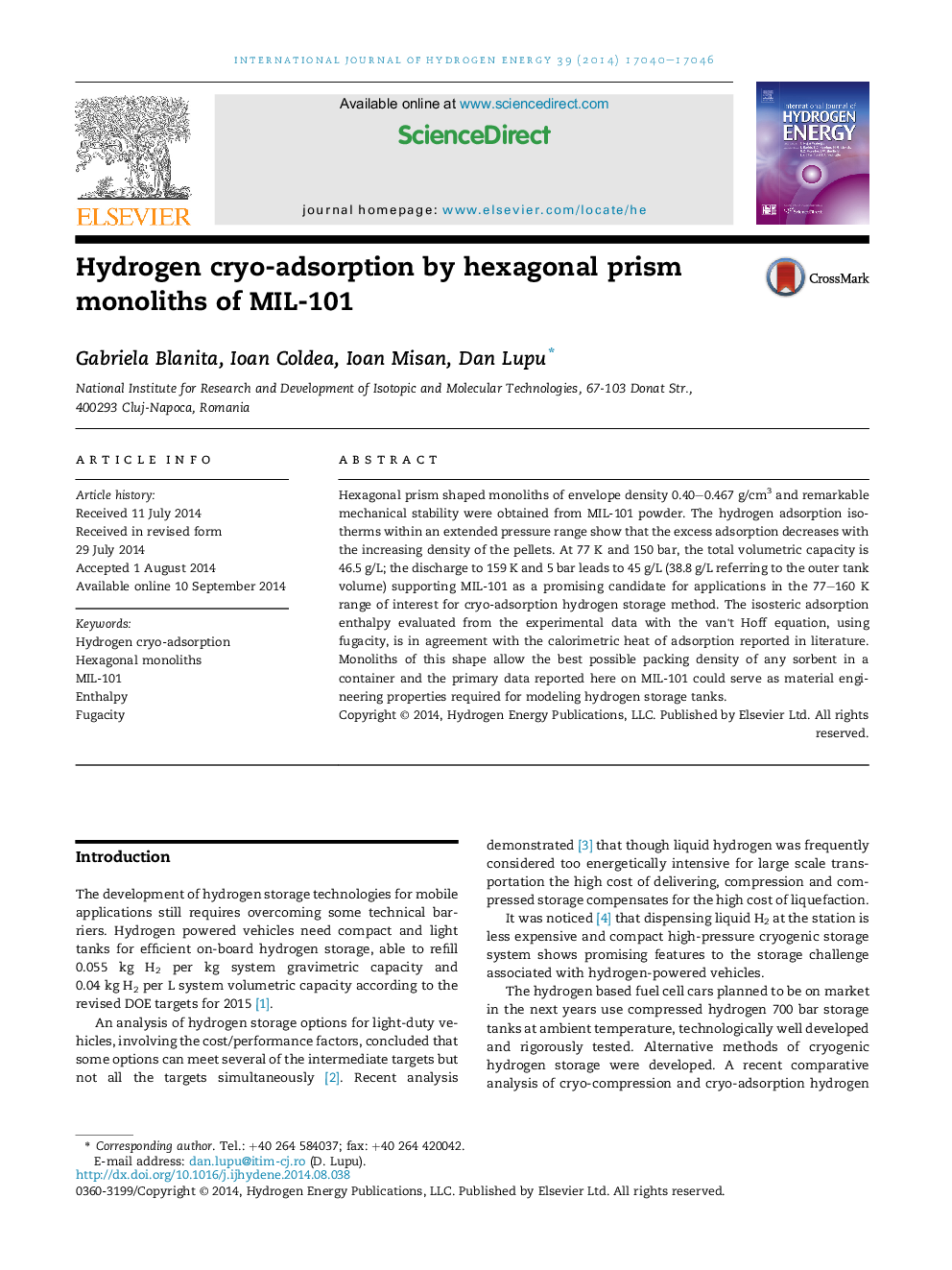 Hydrogen cryo-adsorption by hexagonal prism monoliths of MIL-101