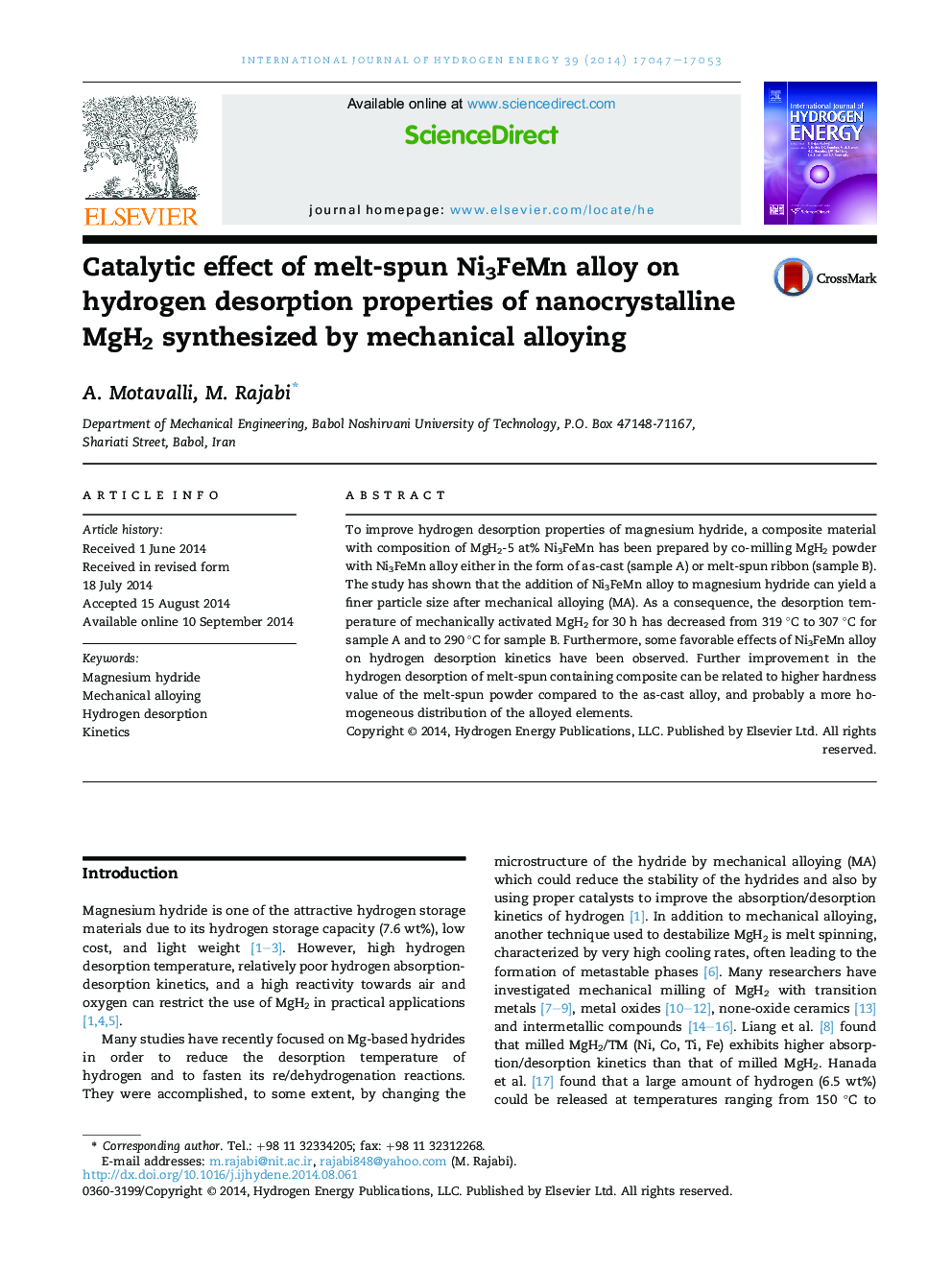 Catalytic effect of melt-spun Ni3FeMn alloy on hydrogen desorption properties of nanocrystalline MgH2 synthesized by mechanical alloying