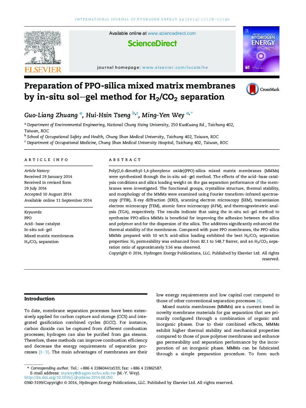 Preparation of PPO-silica mixed matrix membranes by in-situ sol–gel method for H2/CO2 separation