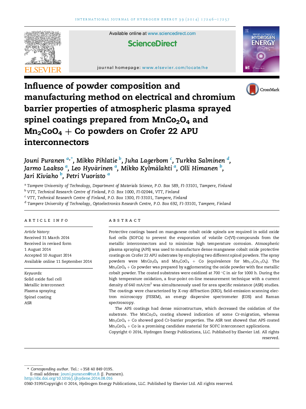 Influence of powder composition and manufacturing method on electrical and chromium barrier properties of atmospheric plasma sprayed spinel coatings prepared from MnCo2O4 and Mn2CoO4 + Co powders on Crofer 22 APU interconnectors