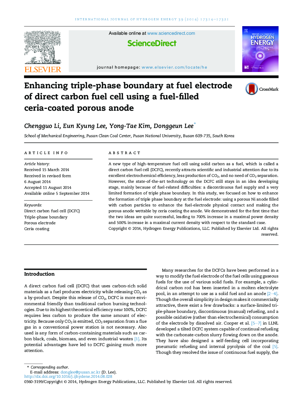 Enhancing triple-phase boundary at fuel electrode of direct carbon fuel cell using a fuel-filled ceria-coated porous anode