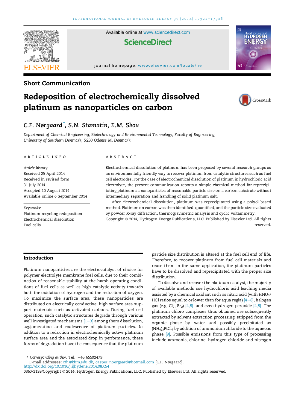 Redeposition of electrochemically dissolved platinum as nanoparticles on carbon