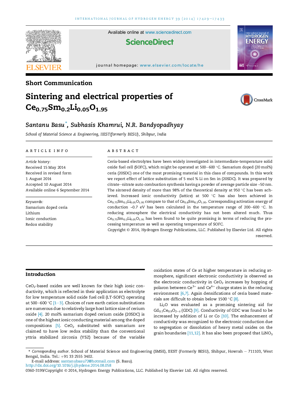 Sintering and electrical properties of Ce0.75Sm0.2Li0.05O1.95