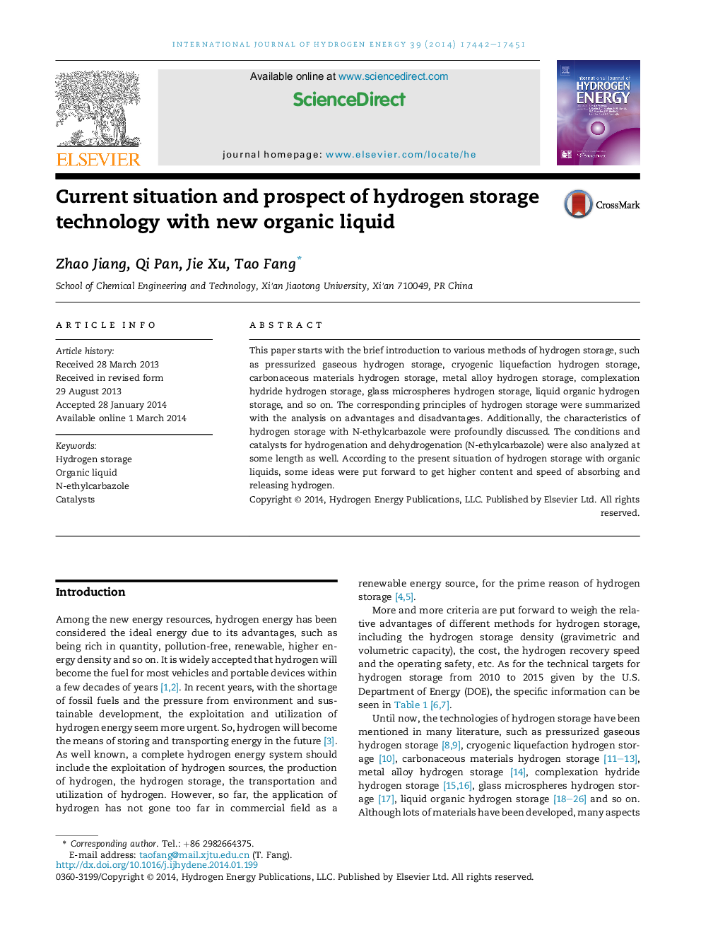 Current situation and prospect of hydrogen storage technology with new organic liquid