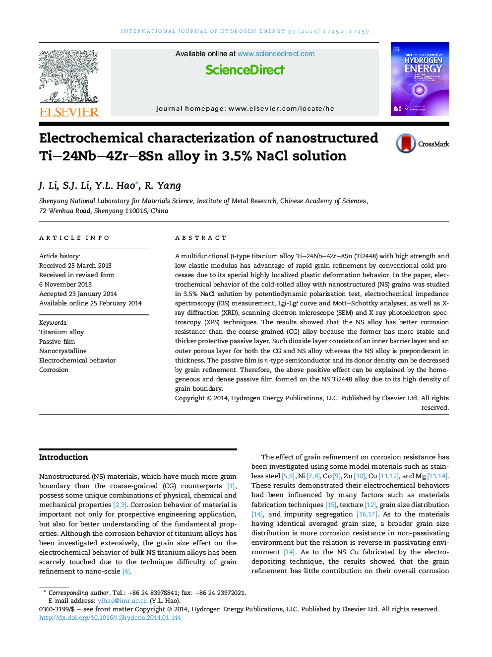 Electrochemical characterization of nanostructured Ti–24Nb–4Zr–8Sn alloy in 3.5% NaCl solution