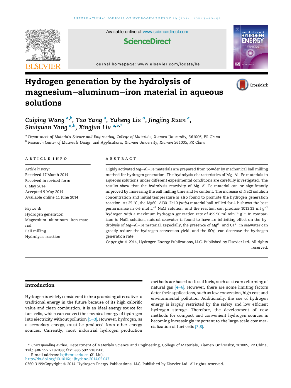 Hydrogen generation by the hydrolysis of magnesium–aluminum–iron material in aqueous solutions