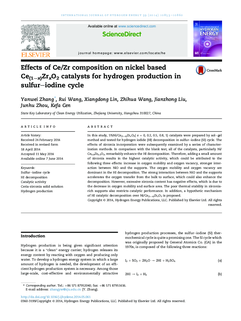 Effects of Ce/Zr composition on nickel based Ce(1−x)ZrxO2 catalysts for hydrogen production in sulfur–iodine cycle