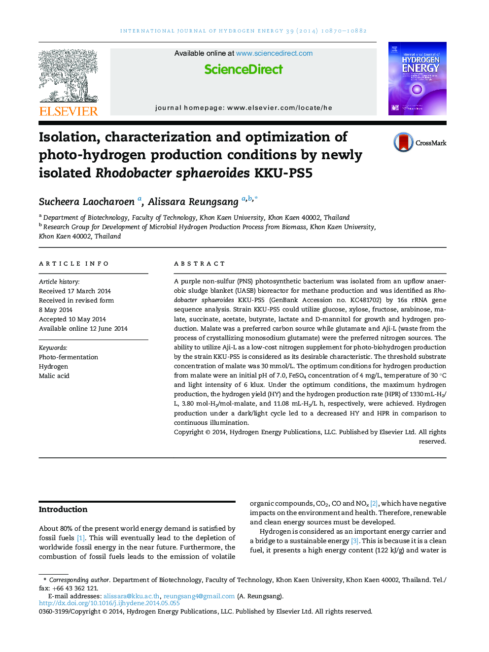 Isolation, characterization and optimization of photo-hydrogen production conditions by newly isolated Rhodobacter sphaeroides KKU-PS5