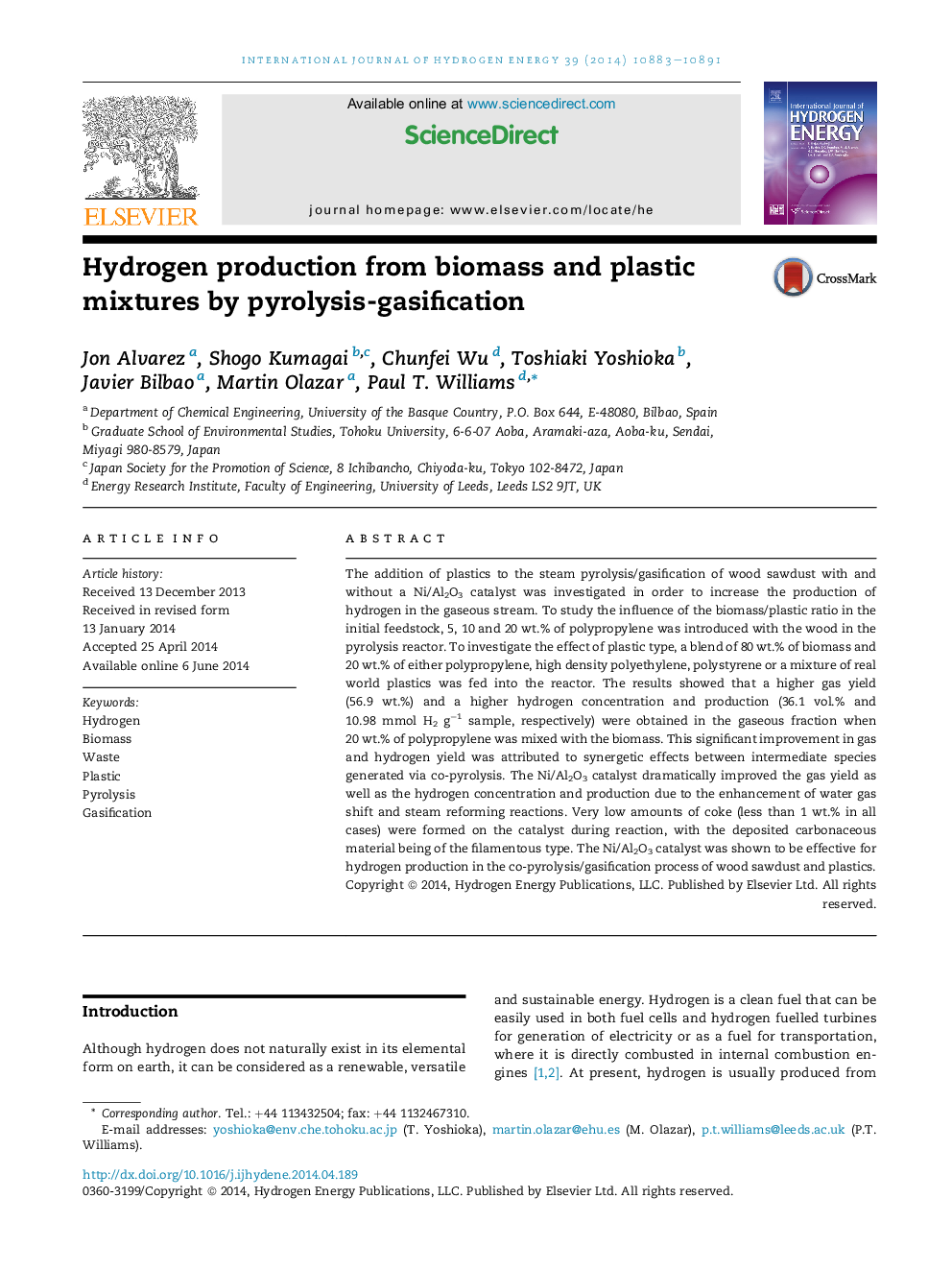 Hydrogen production from biomass and plastic mixtures by pyrolysis-gasification