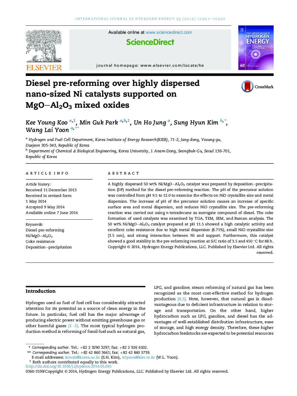 Diesel pre-reforming over highly dispersed nano-sized Ni catalysts supported on MgO–Al2O3 mixed oxides