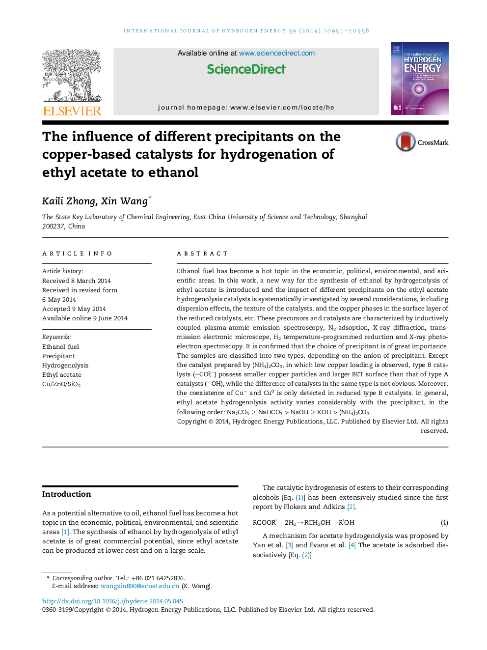 The influence of different precipitants on the copper-based catalysts for hydrogenation of ethyl acetate to ethanol