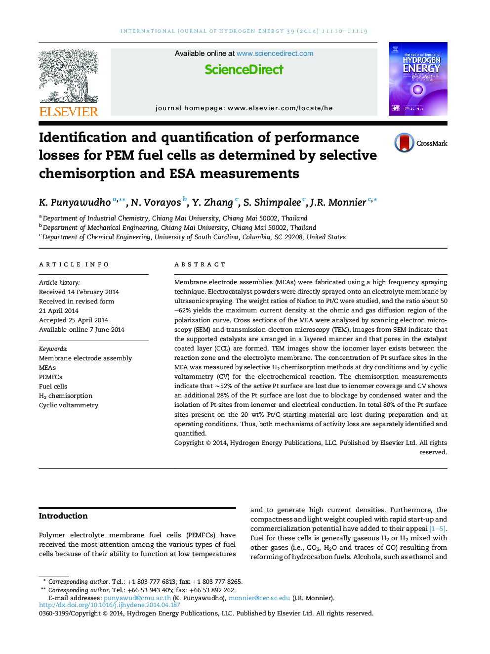 Identification and quantification of performance losses for PEM fuel cells as determined by selective chemisorption and ESA measurements