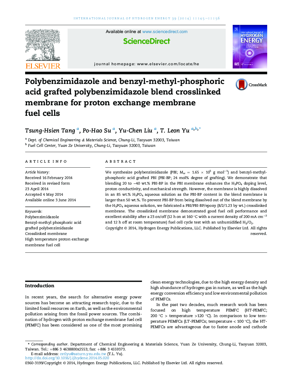 Polybenzimidazole and benzyl-methyl-phosphoric acid grafted polybenzimidazole blend crosslinked membrane for proton exchange membrane fuel cells