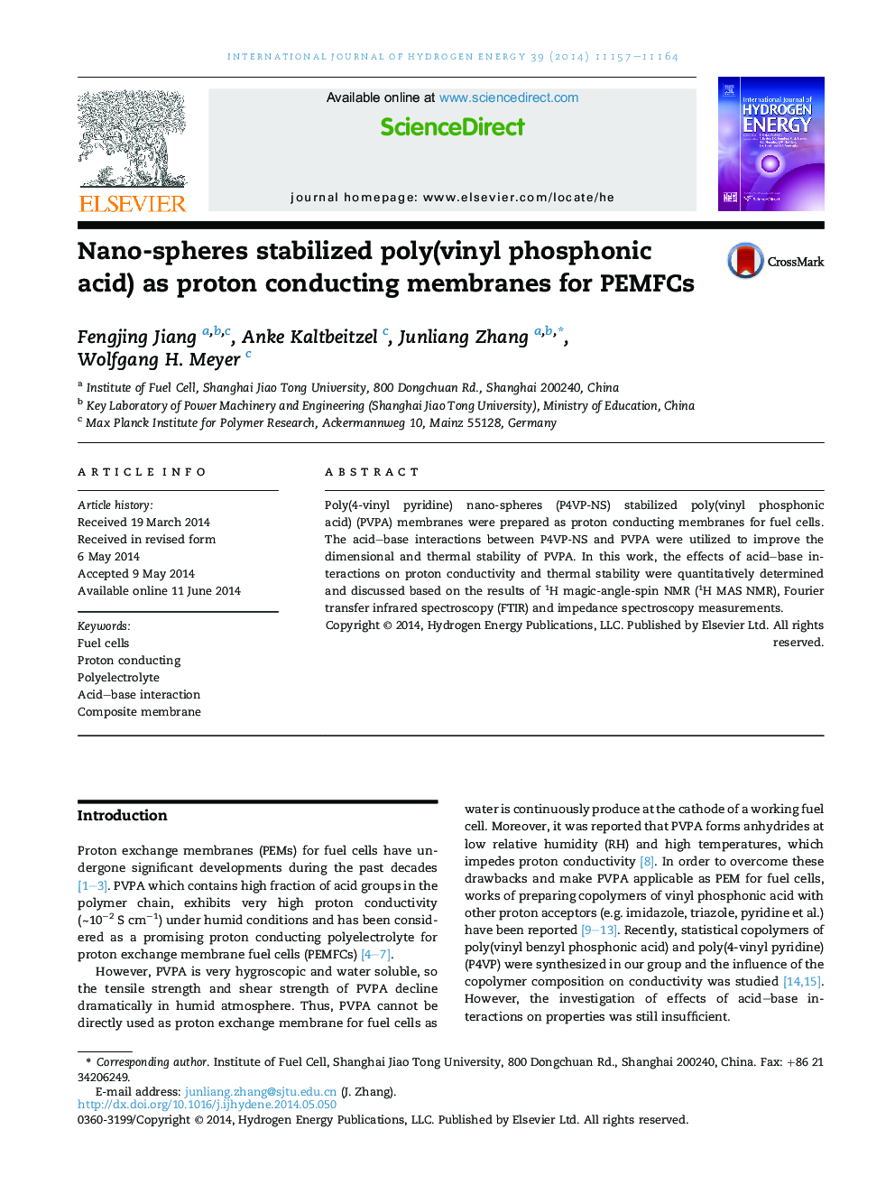 Nano-spheres stabilized poly(vinyl phosphonic acid) as proton conducting membranes for PEMFCs