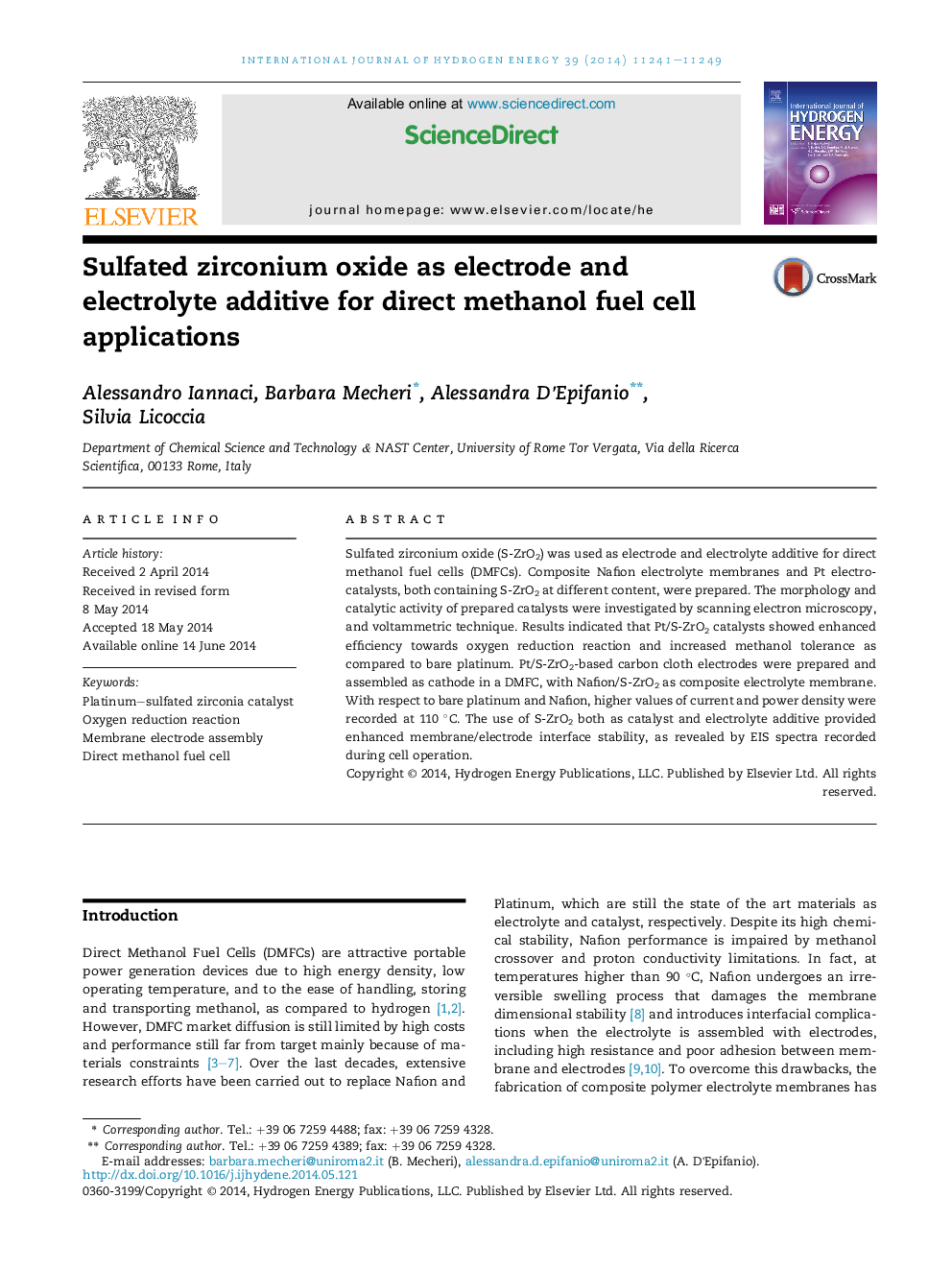 Sulfated zirconium oxide as electrode and electrolyte additive for direct methanol fuel cell applications