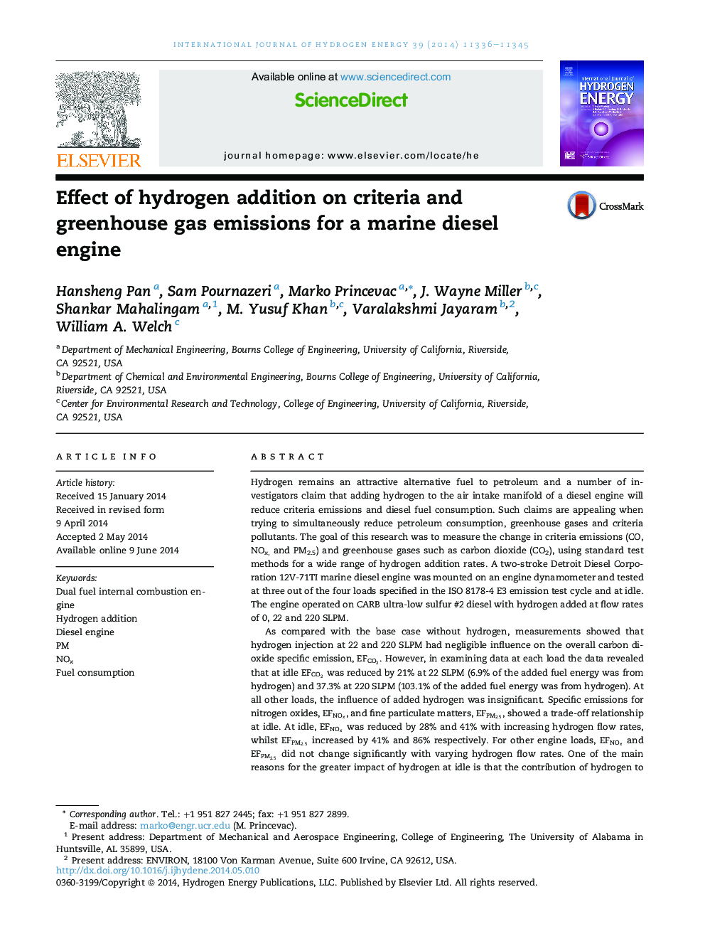 Effect of hydrogen addition on criteria and greenhouse gas emissions for a marine diesel engine