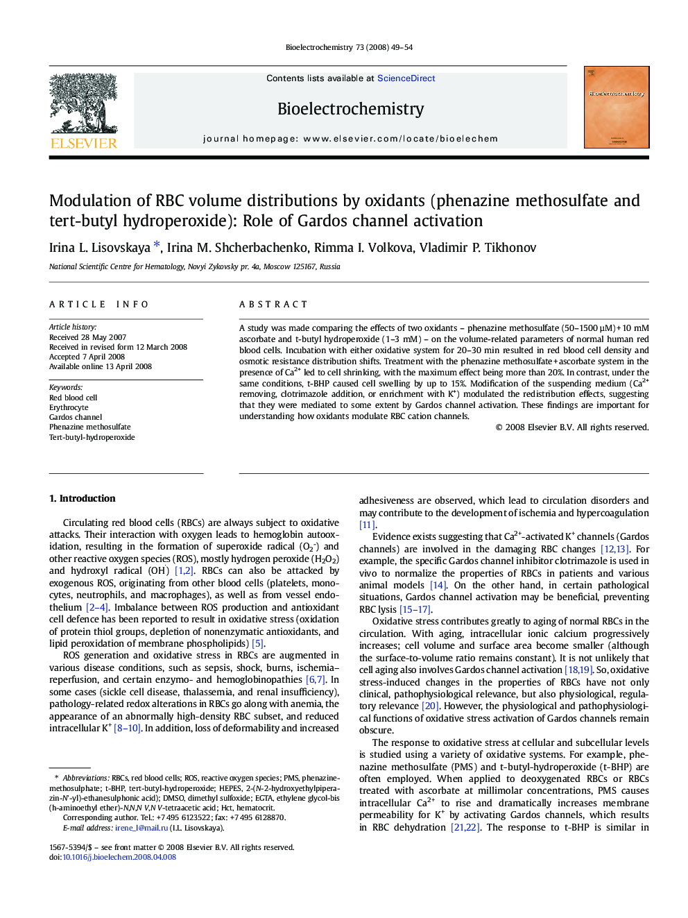 Modulation of RBC volume distributions by oxidants (phenazine methosulfate and tert-butyl hydroperoxide): Role of Gardos channel activation