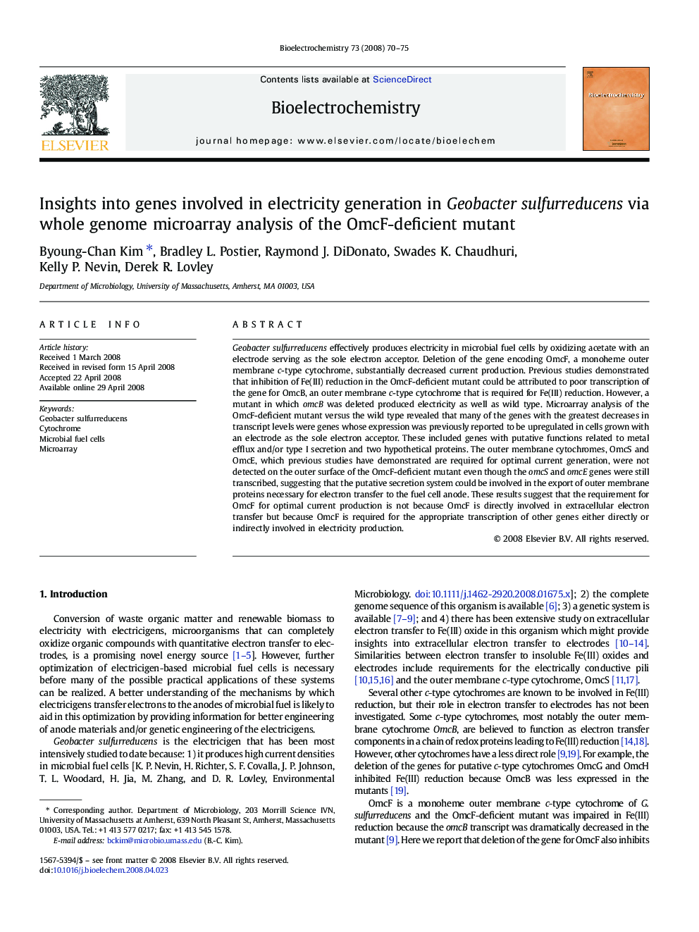 Insights into genes involved in electricity generation in Geobacter sulfurreducens via whole genome microarray analysis of the OmcF-deficient mutant