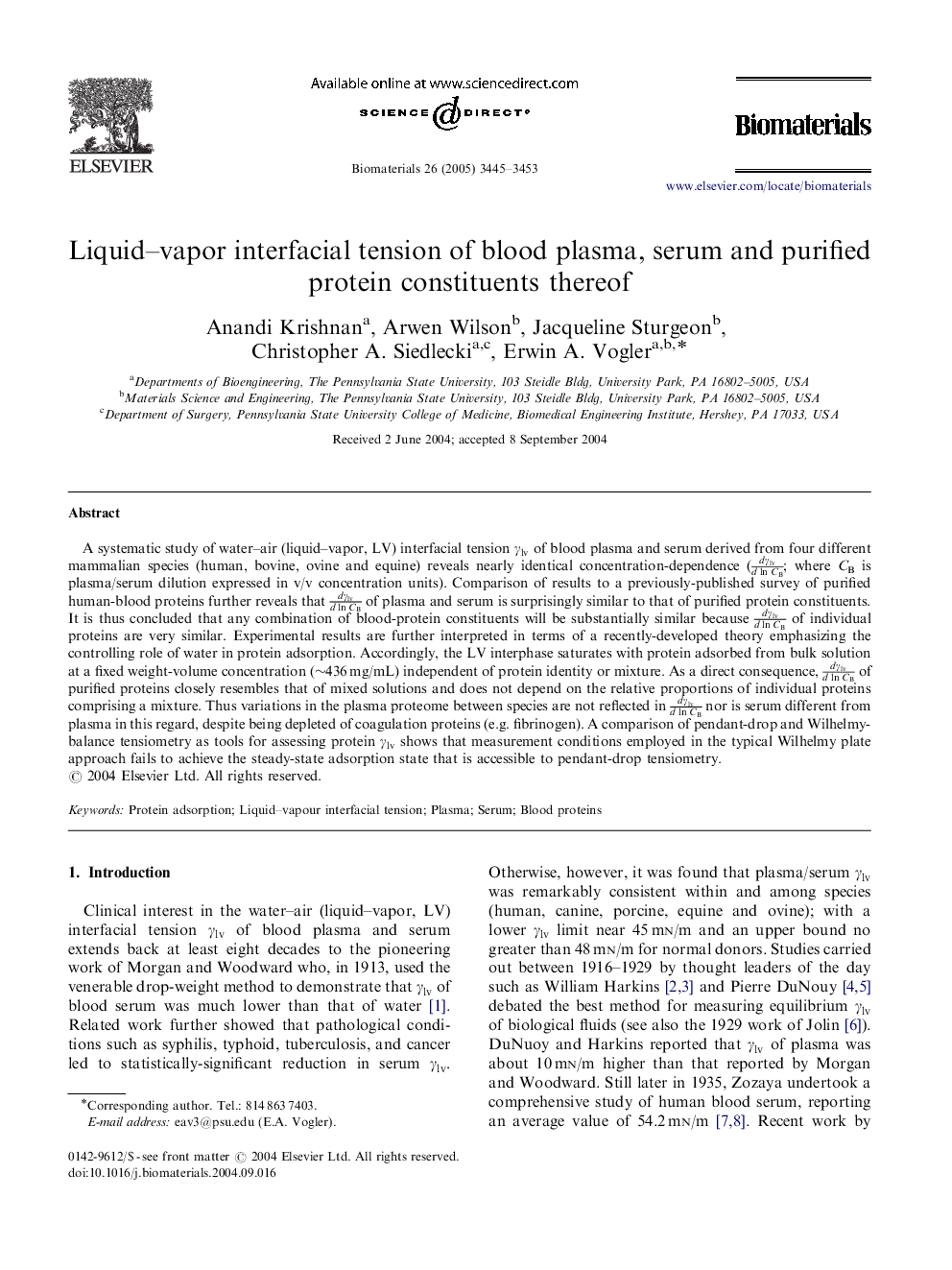 Liquid–vapor interfacial tension of blood plasma, serum and purified protein constituents thereof