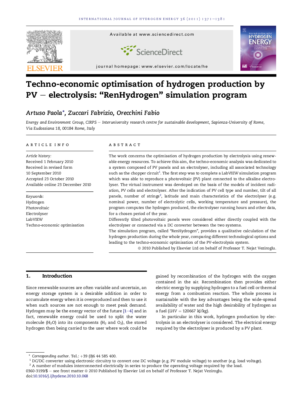 Techno-economic optimisation of hydrogen production by PV – electrolysis: “RenHydrogen” simulation program