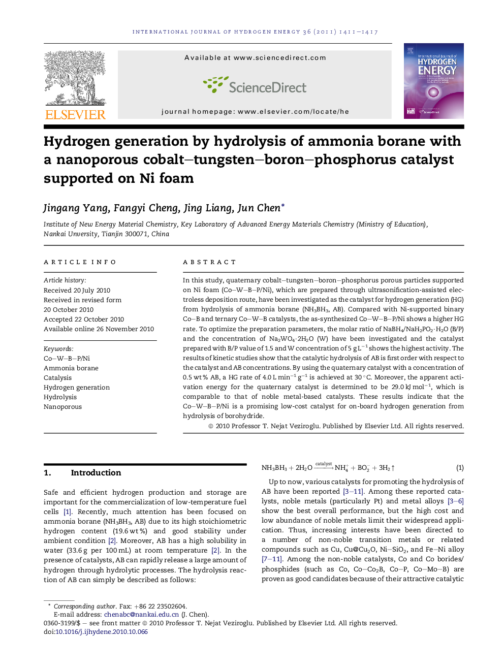 Hydrogen generation by hydrolysis of ammonia borane with a nanoporous cobalt–tungsten–boron–phosphorus catalyst supported on Ni foam