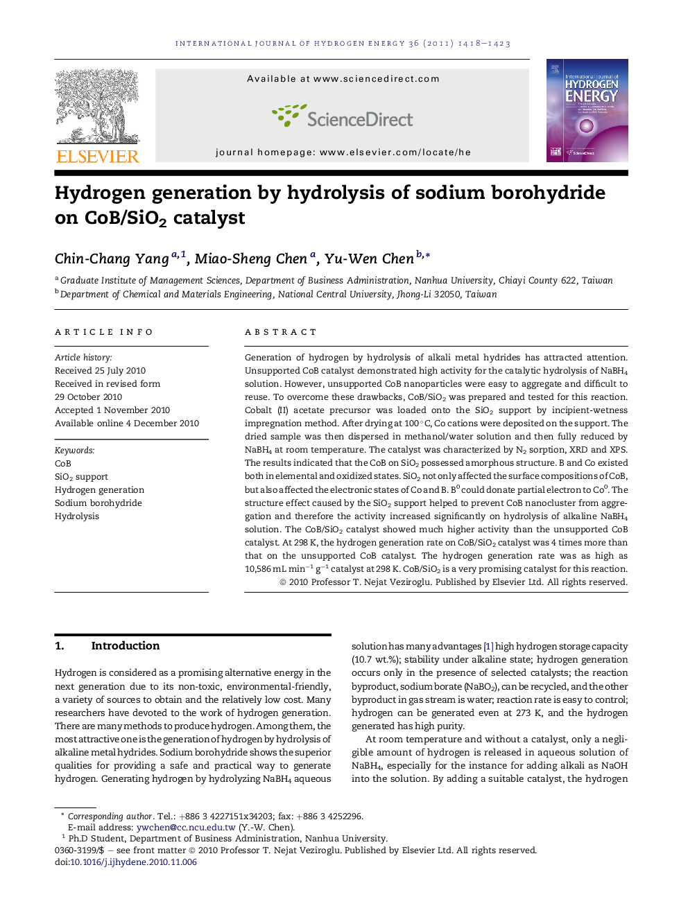 Hydrogen generation by hydrolysis of sodium borohydride on CoB/SiO2 catalyst