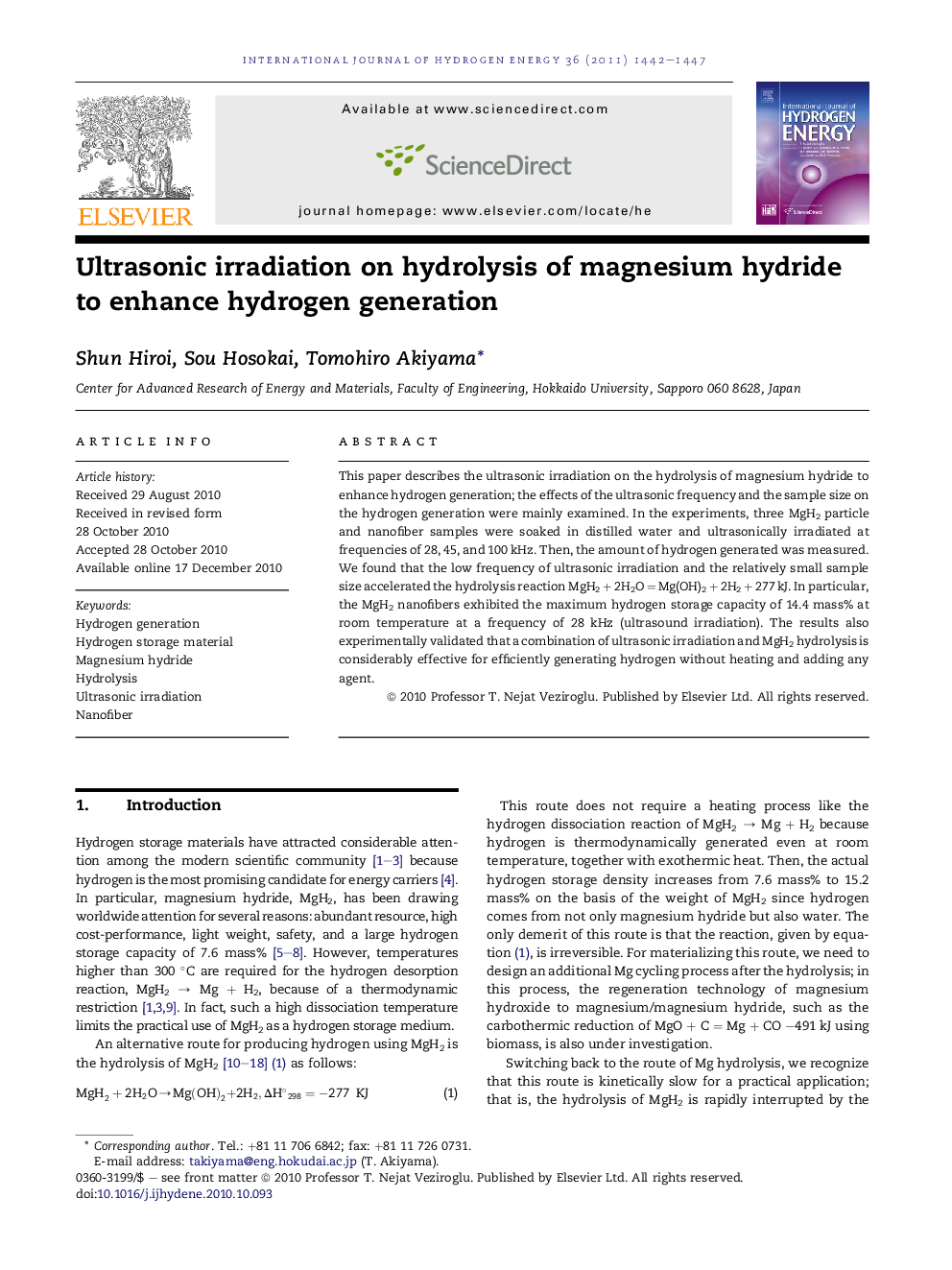 Ultrasonic irradiation on hydrolysis of magnesium hydride to enhance hydrogen generation