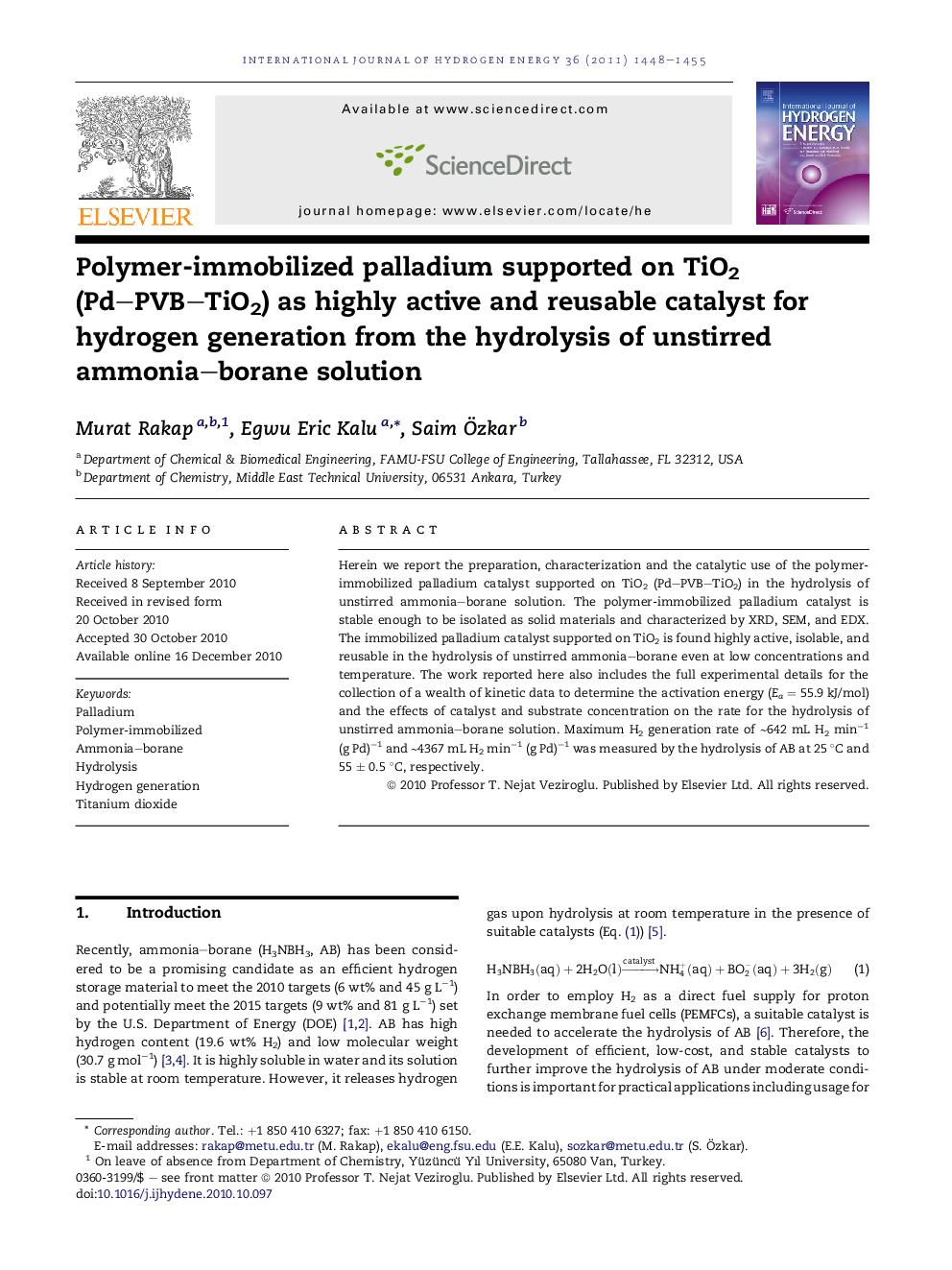 Polymer-immobilized palladium supported on TiO2 (Pd–PVB–TiO2) as highly active and reusable catalyst for hydrogen generation from the hydrolysis of unstirred ammonia–borane solution