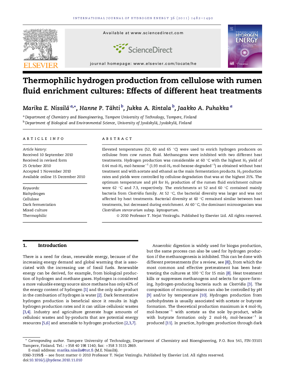 Thermophilic hydrogen production from cellulose with rumen fluid enrichment cultures: Effects of different heat treatments