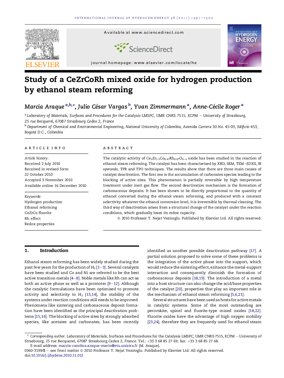 Study of a CeZrCoRh mixed oxide for hydrogen production by ethanol steam reforming