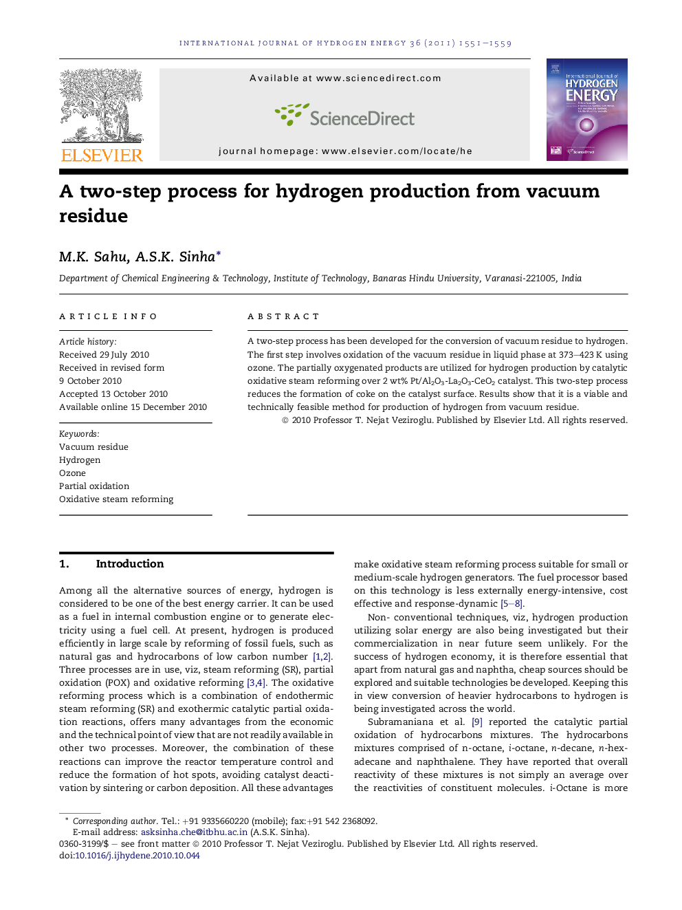 A two-step process for hydrogen production from vacuum residue