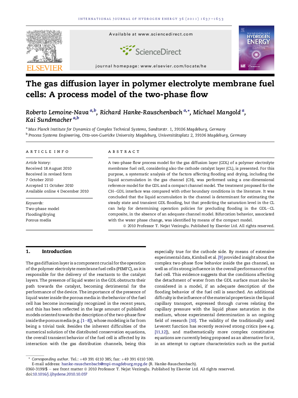 The gas diffusion layer in polymer electrolyte membrane fuel cells: A process model of the two-phase flow