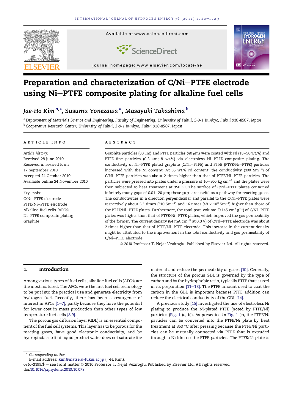 Preparation and characterization of C/Ni–PTFE electrode using Ni–PTFE composite plating for alkaline fuel cells