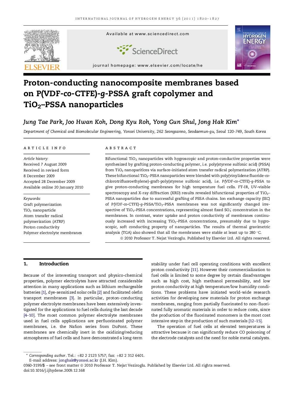 Proton-conducting nanocomposite membranes based on P(VDF-co-CTFE)-g-PSSA graft copolymer and TiO2–PSSA nanoparticles