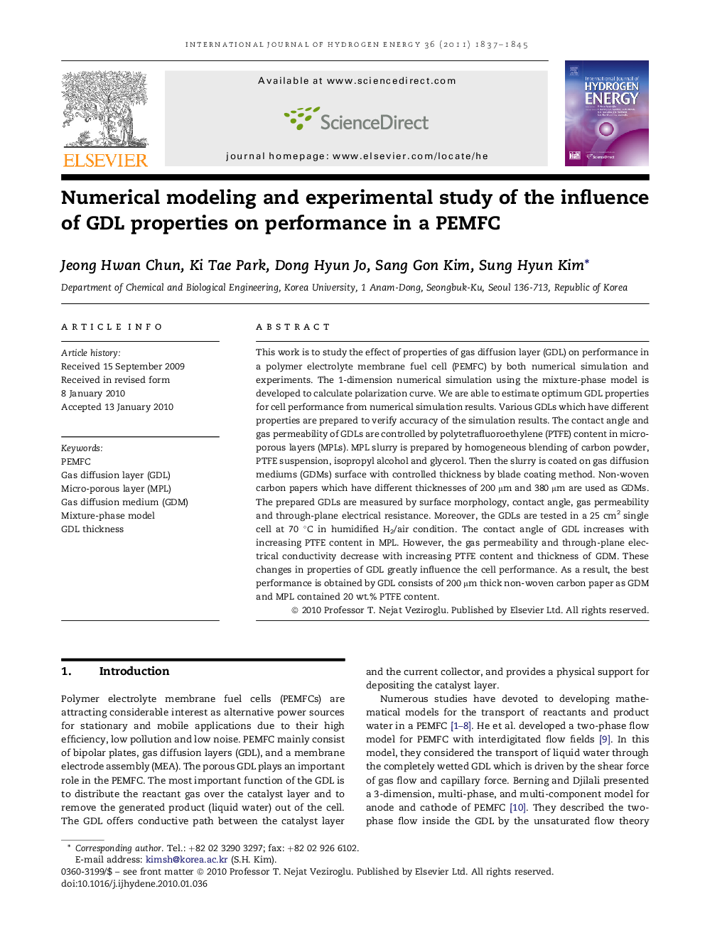 Numerical modeling and experimental study of the influence of GDL properties on performance in a PEMFC