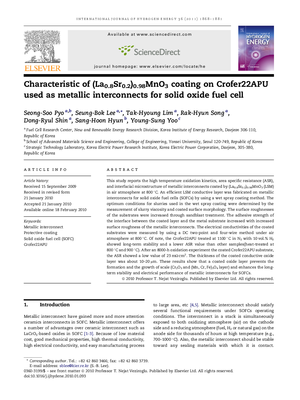 Characteristic of (La0.8Sr0.2)0.98MnO3 coating on Crofer22APU used as metallic interconnects for solid oxide fuel cell