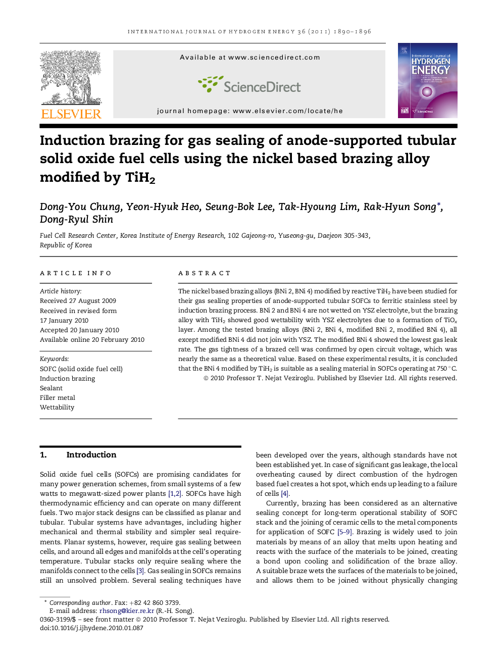 Induction brazing for gas sealing of anode-supported tubular solid oxide fuel cells using the nickel based brazing alloy modified by TiH2